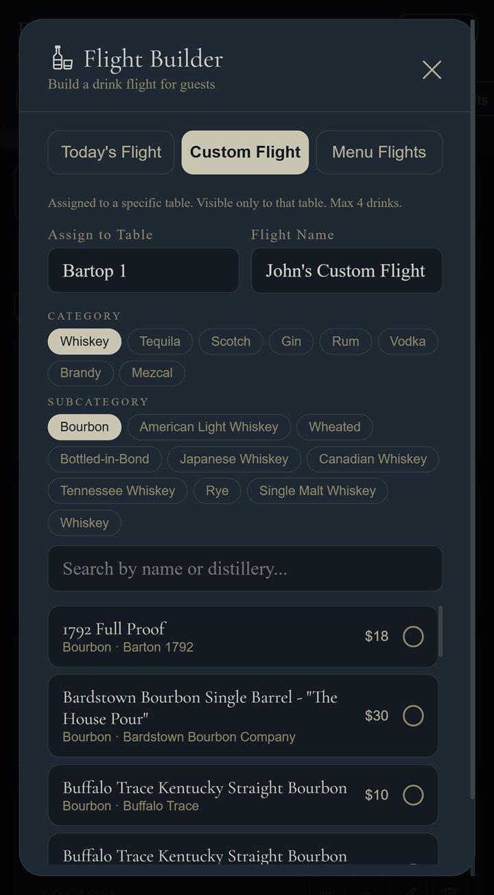 Flight Builder — build a custom flight for a table