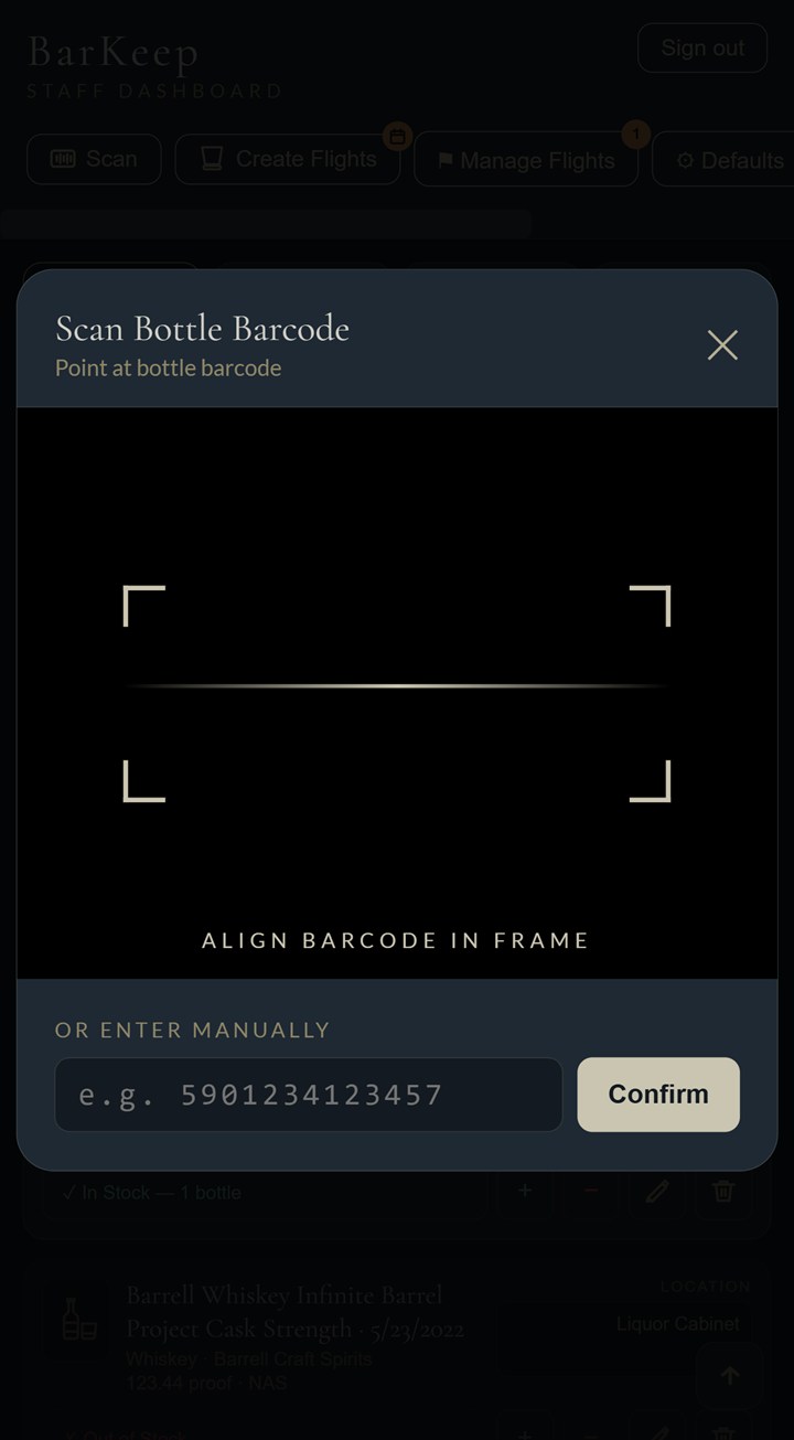 Barcode scanner — add a bottle in one scan
